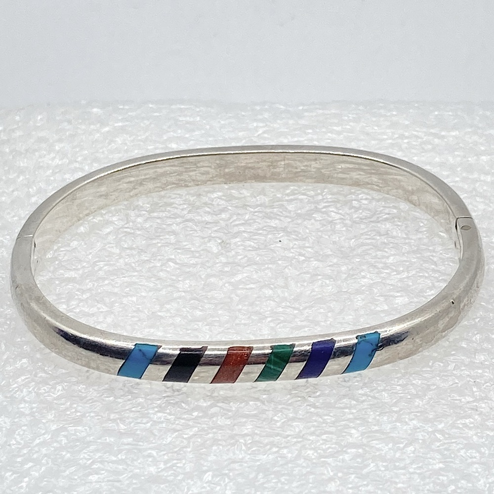 Vtg Taxco Sterling Multi Stone Pinch Bracelet Turquoise Malachite Lapis 7” / 2”D